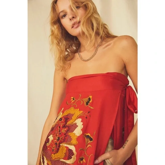 Free People Maxi Evening Embroidered Tube M & XL Red Floral Strapless Sarong Top - Picture 6 of 8